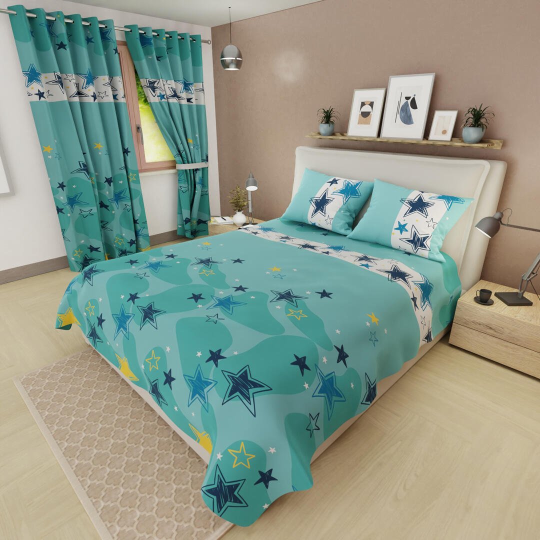 Juego de Sabanas Limila Verde Menta y Blanco para Cama Queen 160 X 190 Cm Estrellas - Sabanas | Bylmo
