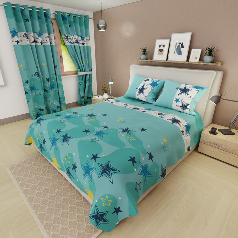 Juego De Sabanas Limila Verde Menta Y Blanco Para Cama Queen 160 X 190 Cm Estrellas