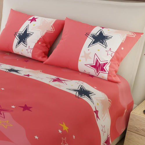 Juego De Sabanas Limila Coral Y Blanco Para Cama Queen 160 X 190 Cm Estrellas