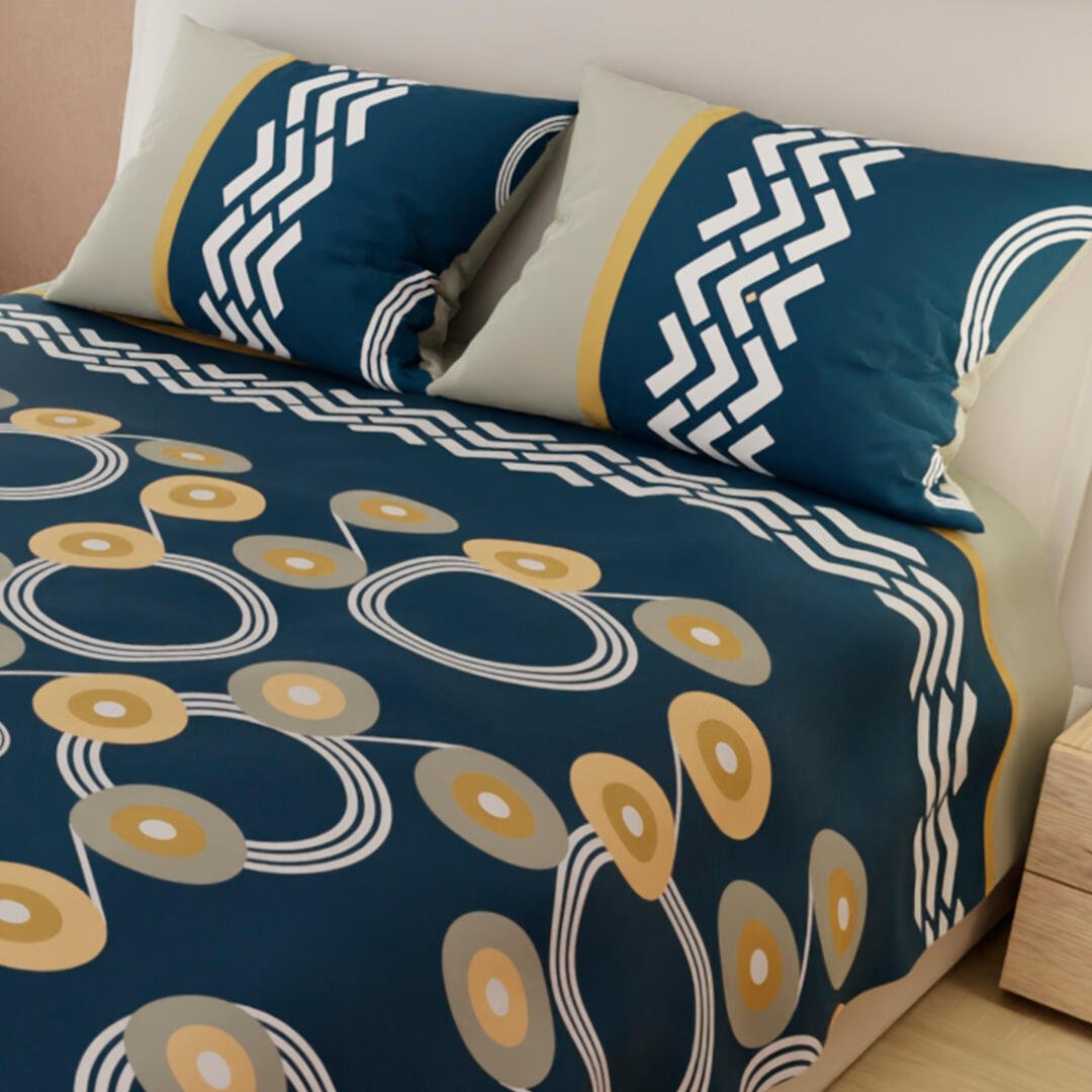 Juego de Sabanas Limila Azul Oscuro y Blanco para Cama King 200 X 200 Cm Círculos Entrelazados - Sabanas | Bylmo