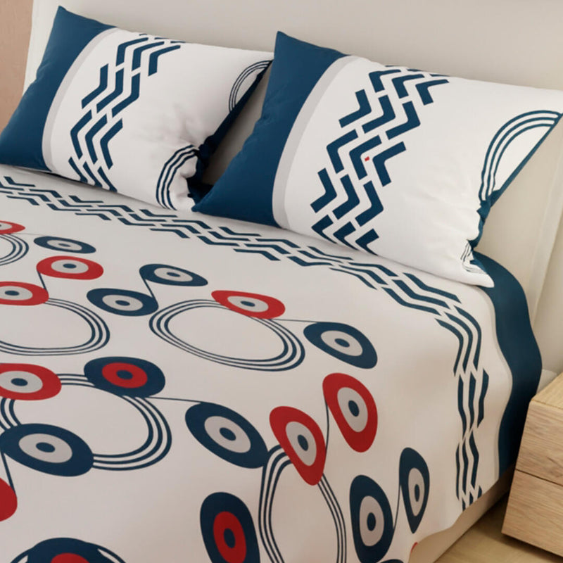 Juego De Sabanas Limila Blanco Y Azul Para Cama King 200 X 200 Cm Círculos Entrelazados