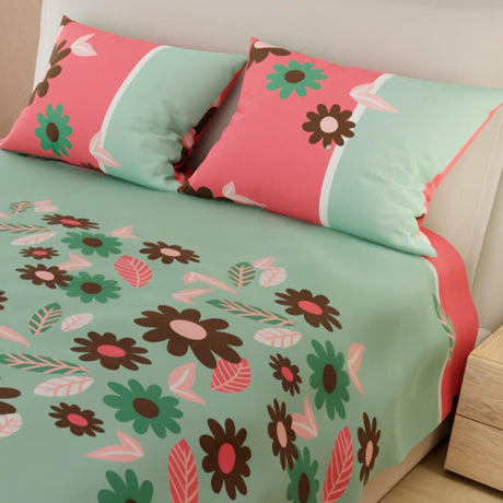Juego de Sabanas Limila Verde y Rosado para Cama King 200 X 200 Cm Flores - Sabanas | Bylmo