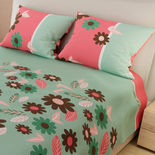 Juego De Sabanas Limila Verde Y Rosado Para Cama King 200 X 200 Cm Flores