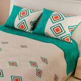 Combo Juego de Sabanas y Cortina Lecanio Beige y Verde de Rombos Para Cama Queen 160 X 180 Cm - Sabanas | Bylmo
