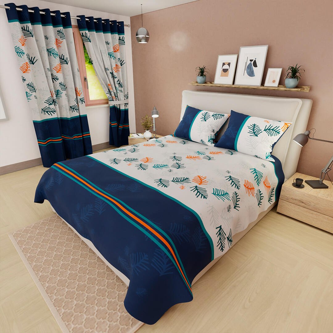 Combo Juego de Sabanas y Cortina Lecanio Blanco y Azul de Ramas Para Cama Queen 160 X 180 Cm - Sabanas | Bylmo