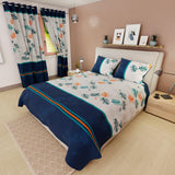 Combo Juego de Sabanas y Cortina Lecanio Blanco y Azul de Ramas Para Cama Queen 160 X 180 Cm - Sabanas | Bylmo