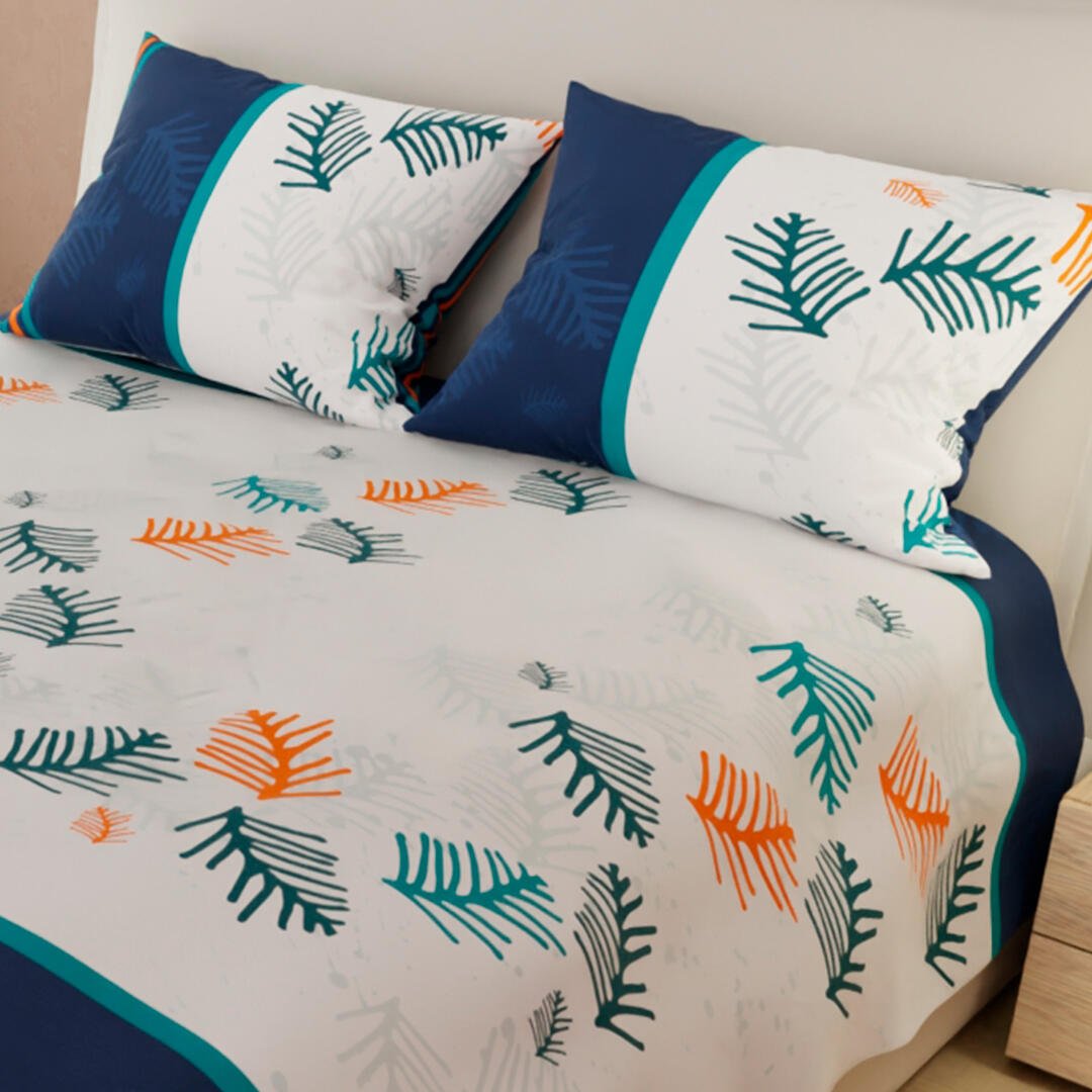 Combo Juego de Sabanas y Cortina Lecanio Blanco y Azul de Ramas Para Cama Queen 160 X 180 Cm - Sabanas | Bylmo