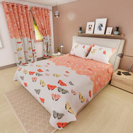 Combo Juego de Sabanas y Cortina Lecanio Blanco y Coral de Mariposas Para Cama Queen 160 X 180 Cm - Sabanas | Bylmo
