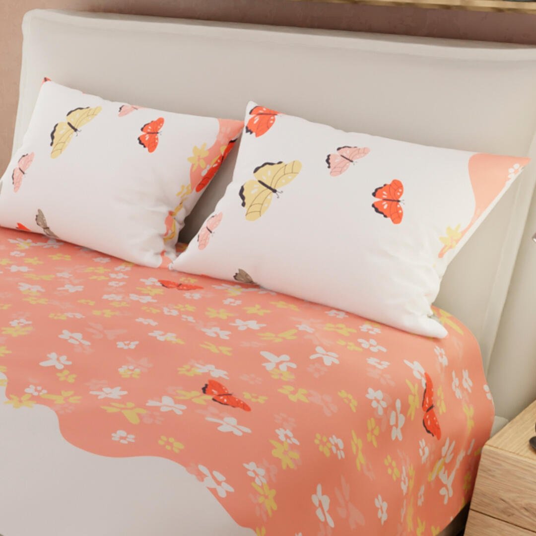 Combo Juego de Sabanas y Cortina Lecanio Blanco y Coral de Mariposas Para Cama Queen 160 X 180 Cm - Sabanas | Bylmo