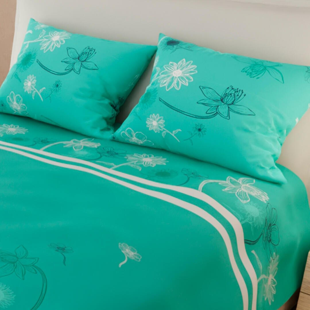 Combo Juego de Sabanas y Cortina Lecanio Verde de Flores Para Cama Queen 160 X 180 Cm - Sabanas | Bylmo