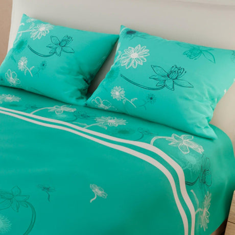 Combo Juego de Sabanas y Cortina Lecanio Verde de Flores Para Cama Queen 160 X 180 Cm - Sabanas | Bylmo