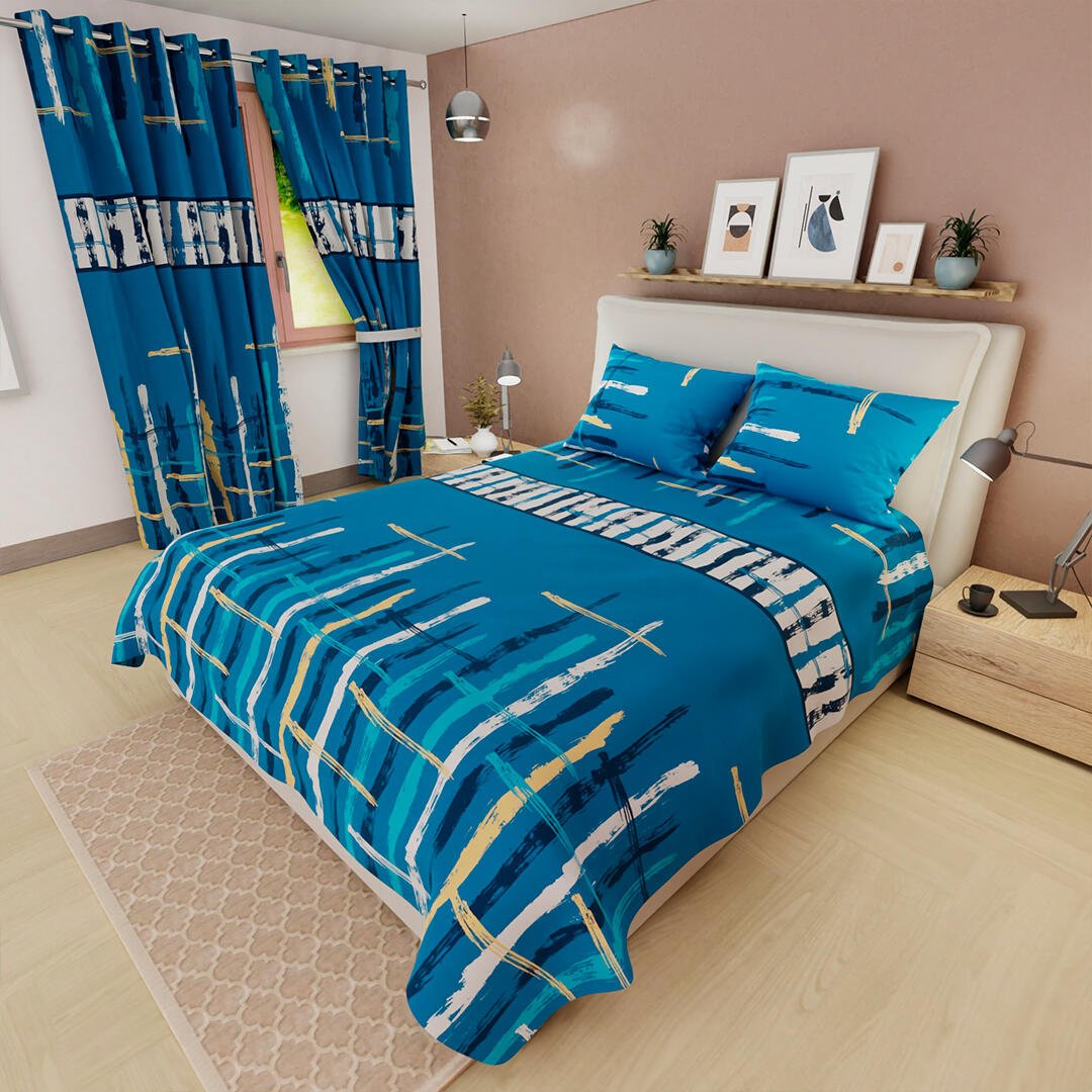 Combo Juego de Sabanas y Cortina Lecanio Azul de Líneas Para Cama Queen 160 X 180 Cm - Sabanas | Bylmo