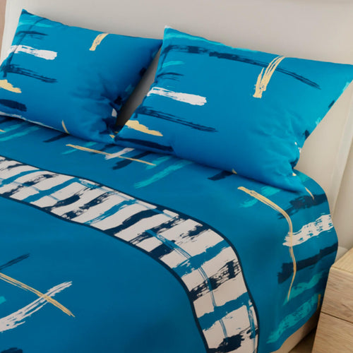 Combo Juego De Sabanas Y Cortina Lecanio Azul De Líneas Para Cama Queen 160 X 180 Cm