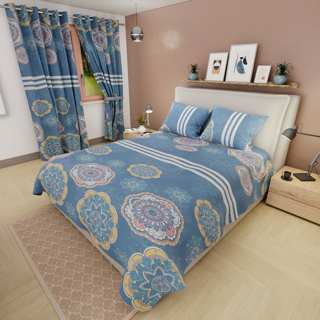 Combo Juego de Sabanas y Cortina Lecanio Lila de Mandalas Para Cama Doble 140 X 190 Cm - Sabanas | Bylmo