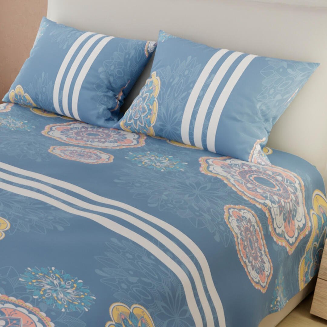 Combo Juego de Sabanas y Cortina Lecanio Lila de Mandalas Para Cama Doble 140 X 190 Cm - Sabanas | Bylmo