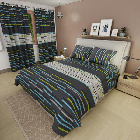 Combo Juego de Sabanas y Cortina Lecanio Gris Oscuro de Líneas Para Cama Doble 140 X 190 Cm - Sabanas | Bylmo