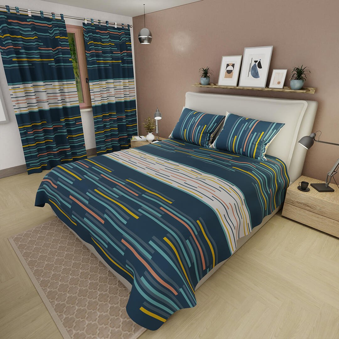 Combo Juego de Sabanas y Cortina Lecanio Blanco y Azul de Líneas Para Cama Doble 140 X 190 Cm - Sabanas | Bylmo