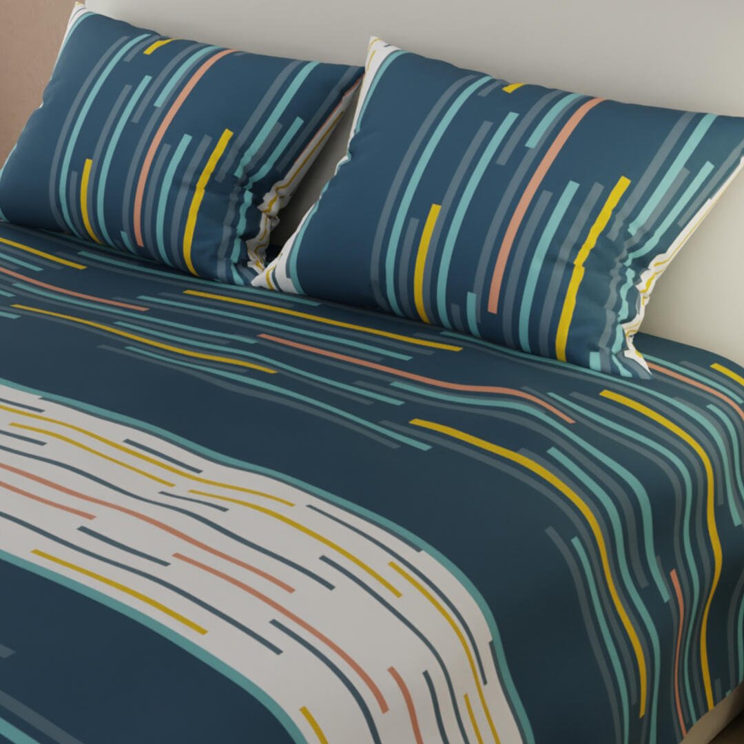 Combo Juego de Sabanas y Cortina Lecanio Blanco y Azul de Líneas Para Cama Doble 140 X 190 Cm - Sabanas | Bylmo