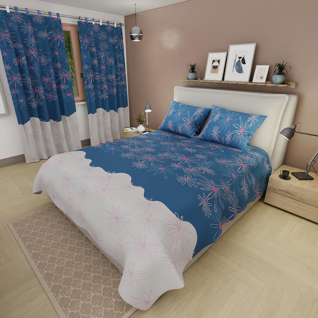 Combo Juego de Sabanas y Cortina Lecanio Azul y Blanco de Flores Para Cama Doble 140 X 190 Cm - Sabanas | Bylmo