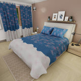 Combo Juego de Sabanas y Cortina Lecanio Azul y Blanco de Flores Para Cama Doble 140 X 190 Cm - Sabanas | Bylmo