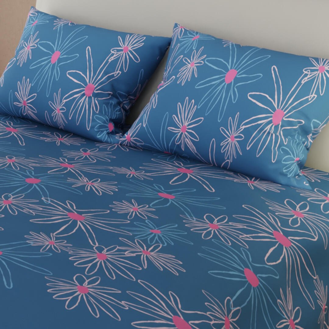 Combo Juego de Sabanas y Cortina Lecanio Azul y Blanco de Flores Para Cama Doble 140 X 190 Cm - Sabanas | Bylmo