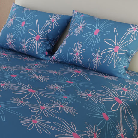 Combo Juego de Sabanas y Cortina Lecanio Azul y Blanco de Flores Para Cama Doble 140 X 190 Cm - Sabanas | Bylmo