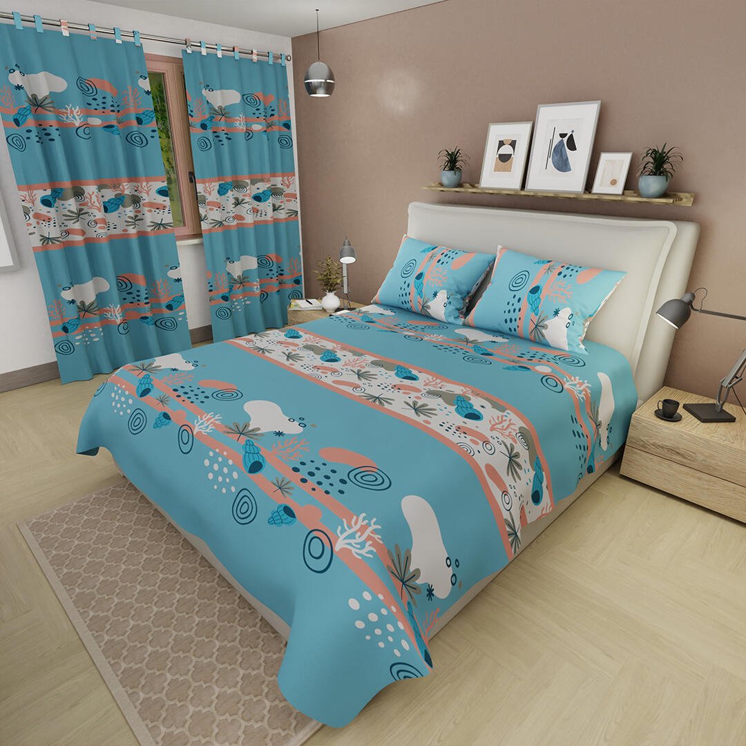 Combo Juego de Sabanas y Cortina Lecanio Azul de Caracoles Para Cama Doble 140 X 190 Cm - Sabanas | Bylmo