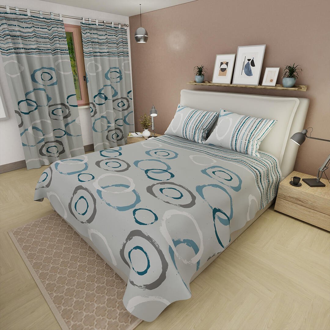 Combo Juego de Sabanas y Cortina Lecanio Gris Claro de Círculos Para Cama Doble 140 X 190 Cm - Sabanas | Bylmo