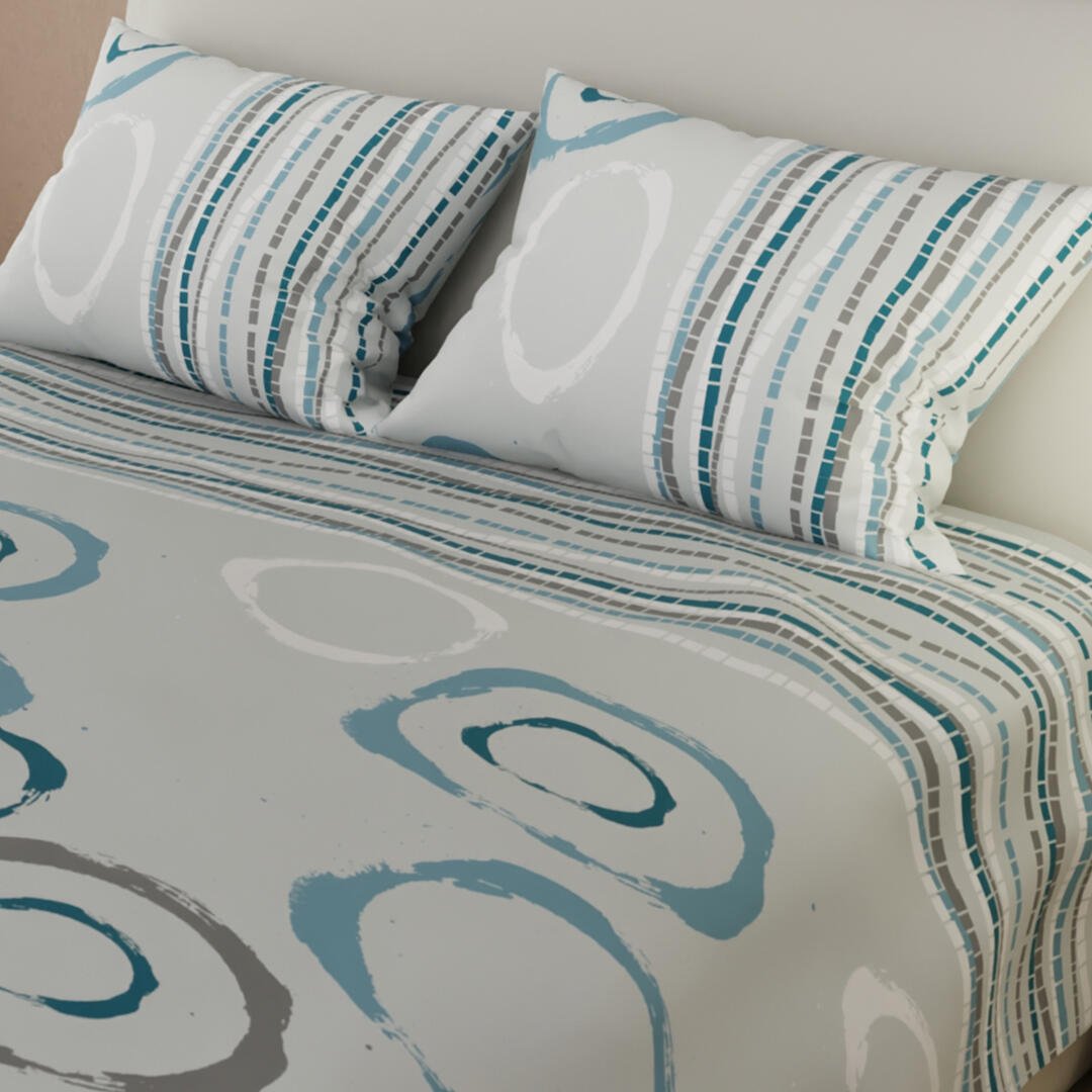 Combo Juego de Sabanas y Cortina Lecanio Gris Claro de Círculos Para Cama Doble 140 X 190 Cm - Sabanas | Bylmo