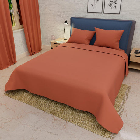 Combo Juego de Sabanas y Cortina Lecanio Terracota Fondo Entero Para Cama Doble 140 X 190 Cm - Sabanas | Bylmo