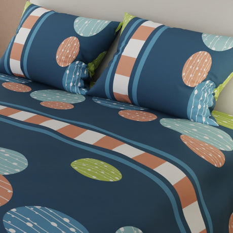 Combo Juego de Sabanas y Cortina Lecanio Azul Oscuro de Círculos Para Cama Doble 140 X 190 Cm - Sabanas | Bylmo