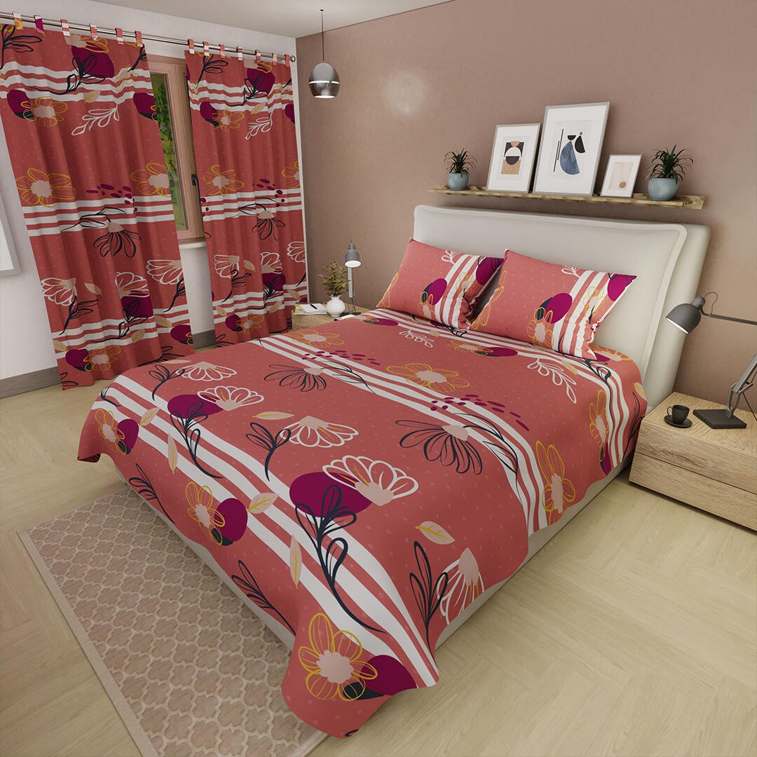 Combo Juego de Sabanas y Cortina Lecanio Salmón de Flores Para Cama Doble 140 X 190 Cm - Sabanas | Bylmo