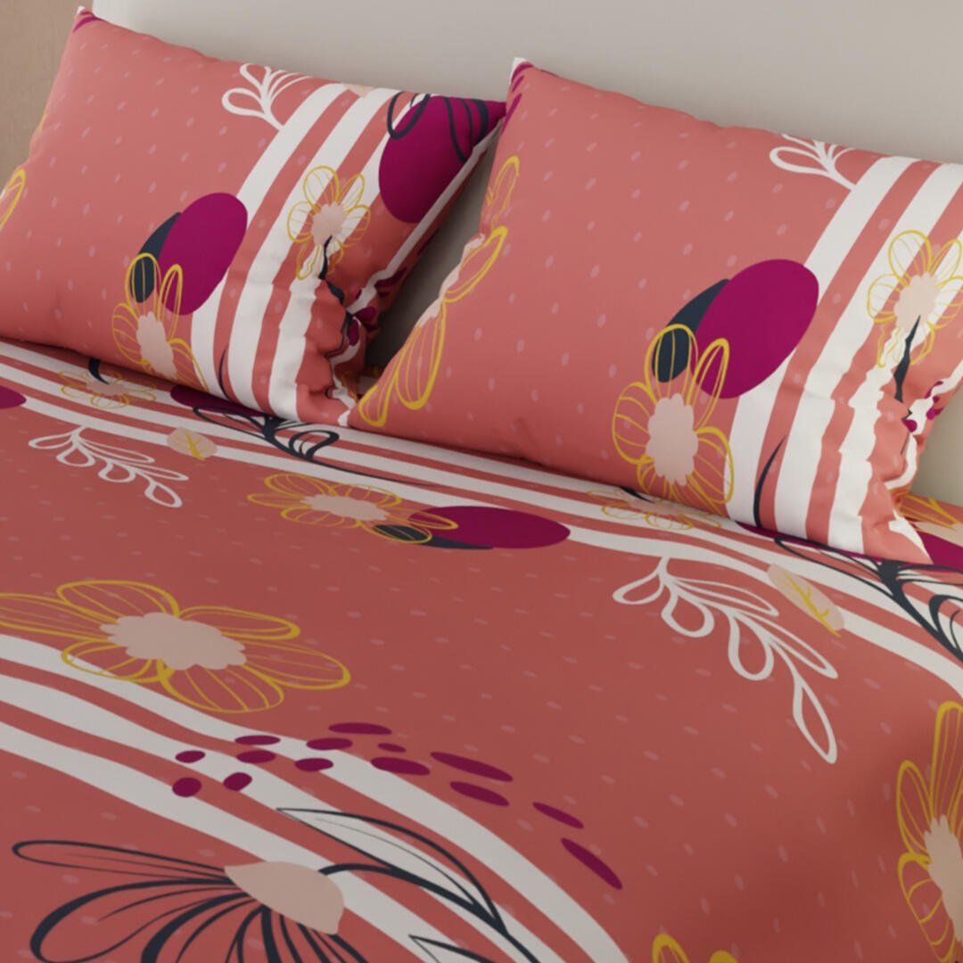 Combo Juego de Sabanas y Cortina Lecanio Salmón de Flores Para Cama Doble 140 X 190 Cm - Sabanas | Bylmo