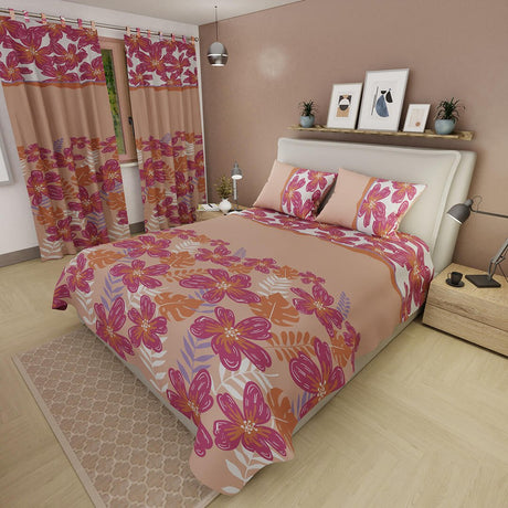 Combo Juego de Sabanas y Cortina Lecanio Albaricoque de Flores Para Cama Doble 140 X 190 Cm - Sabanas | Bylmo