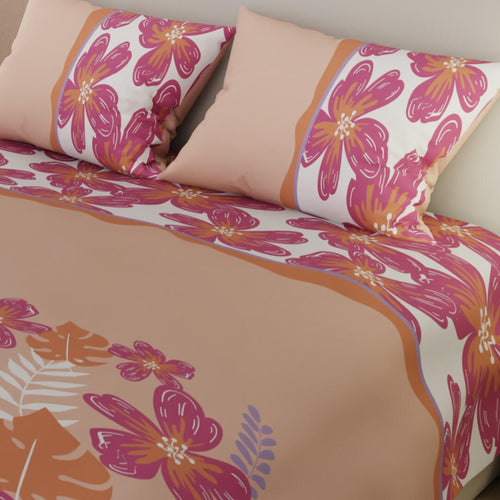 Combo Juego De Sabanas Y Cortina Lecanio Albaricoque De Flores Para Cama Doble 140 X 190 Cm