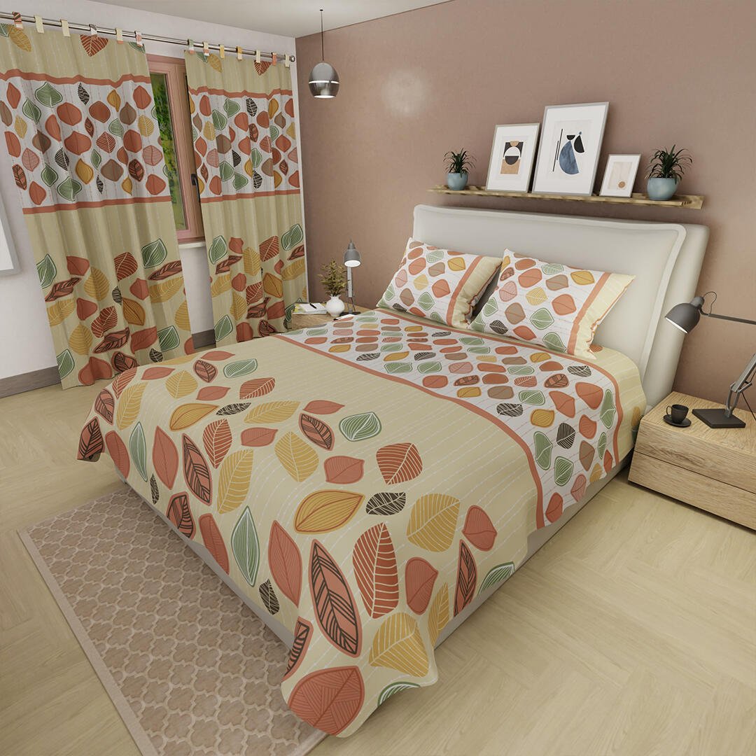 Combo Juego de Sabanas y Cortina Lecanio Amarillo de Otoño Para Cama Doble 140 X 190 Cm - Sabanas | Bylmo