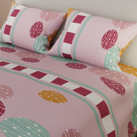Combo Juego de Sabanas y Cortina Lecanio Rosa de Círculos Para Cama Doble 140 X 190 Cm - Sabanas | Bylmo