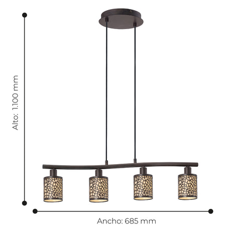 Lámpara Colgante Rústico ACERO 10x68x110cm Café Ajustable IP20 4 Luces - Iluminacion | Bylmo