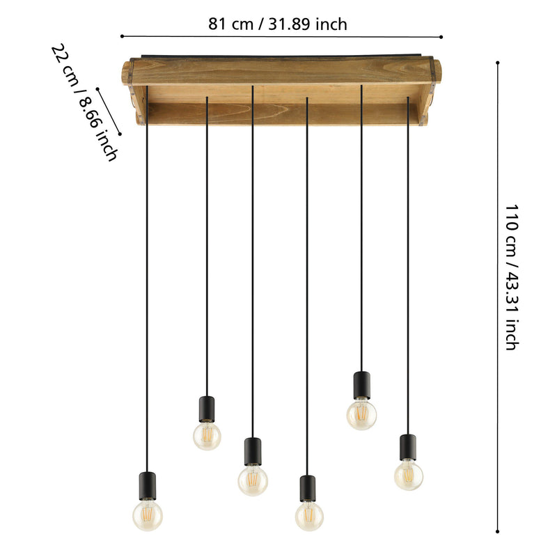 Lámpara Colgante Rústico 22x81x110cm Madera Led 6 Luces