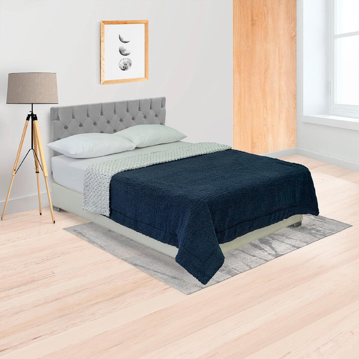 Cobija Doble Faz Ovejero Twist Gris y Azul 180x200cm Fondo Entero - Cobijas y Mantas | Bylmo