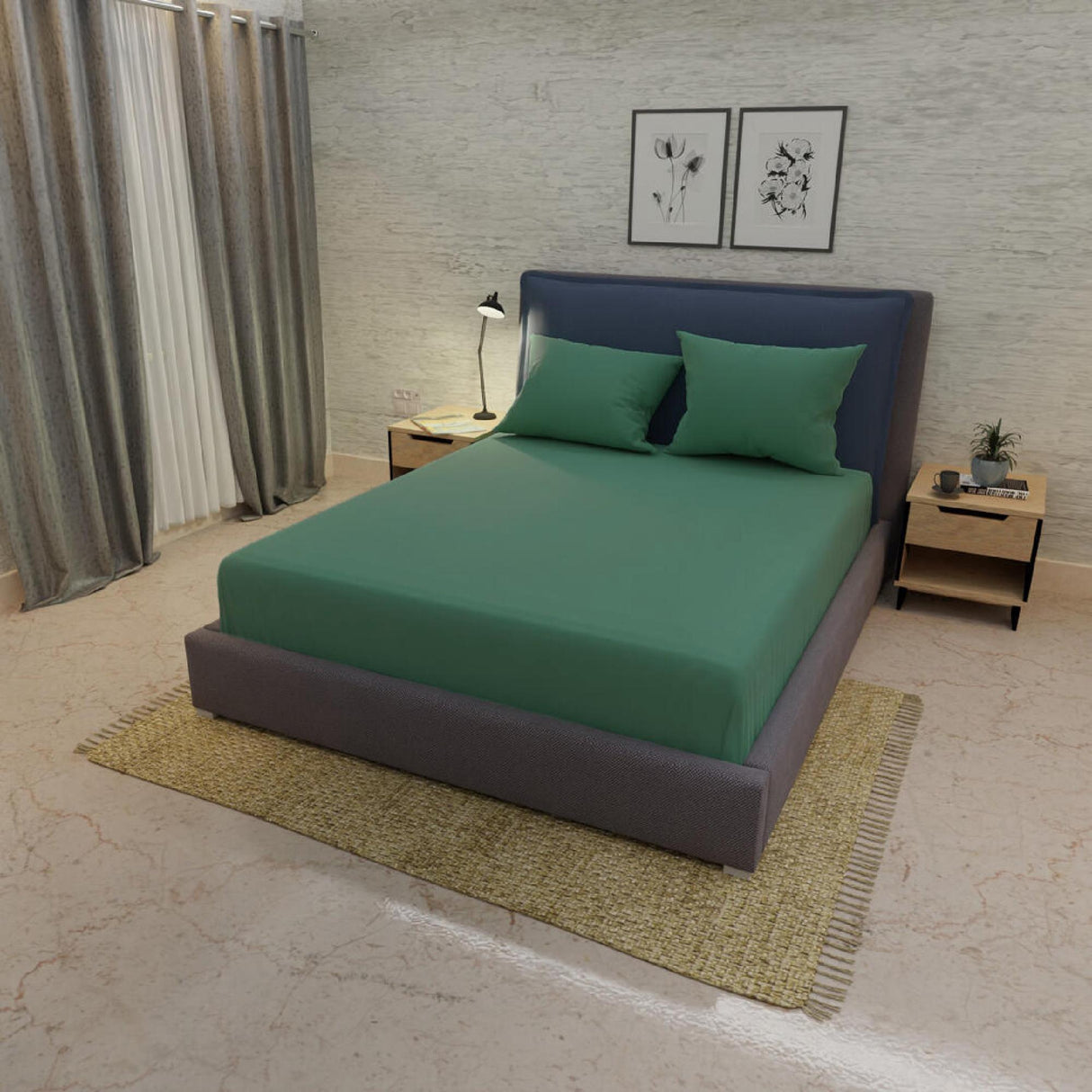 Sábana Ajustable My House Verde Militar Claro Fondo Entero Para Cama Doble 140 X 190 Cm - Sabanas | Bylmo