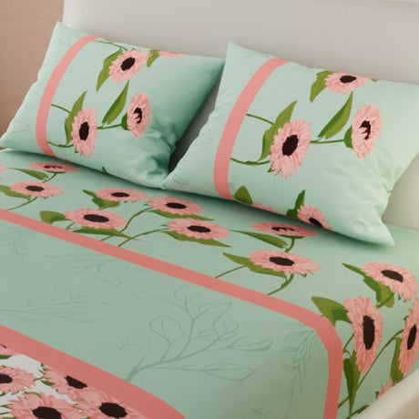 Sábana Ajustable Serebel Verde y Rosado de Girasoles Para Cama King 200 X 200 Cm - Sabanas | Bylmo