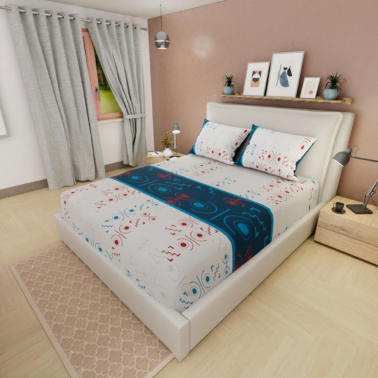 Sábana Ajustable Serebel Blanco de Formas Robóticas Para Cama King 200 X 200 Cm - Sabanas | Bylmo