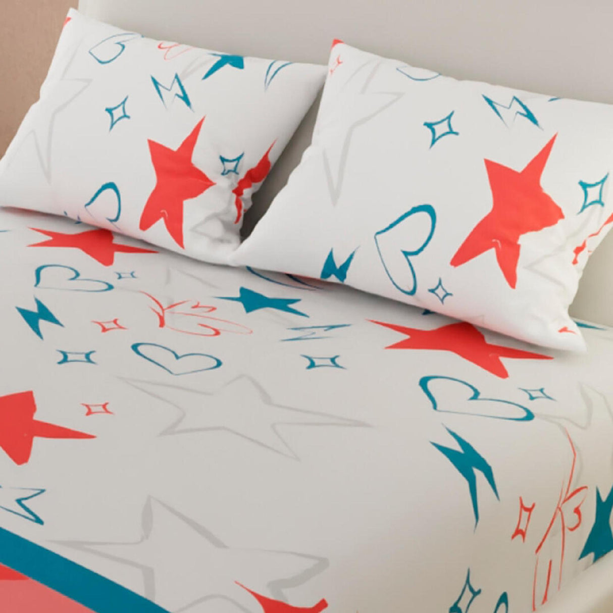 Sábana Ajustable Serebel Blanco de Estrellas Y Corazones Para Cama King 200 X 200 Cm - Sabanas | Bylmo