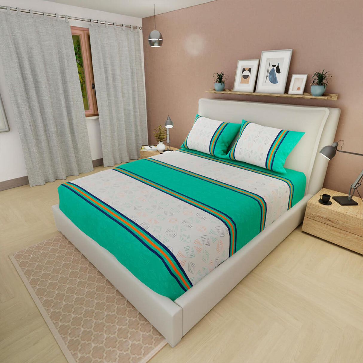 Sábana Ajustable Serebel Verde y Blanco de Figuras Geométricas Para Cama Doble 140 X 190 Cm - Sabanas | Bylmo