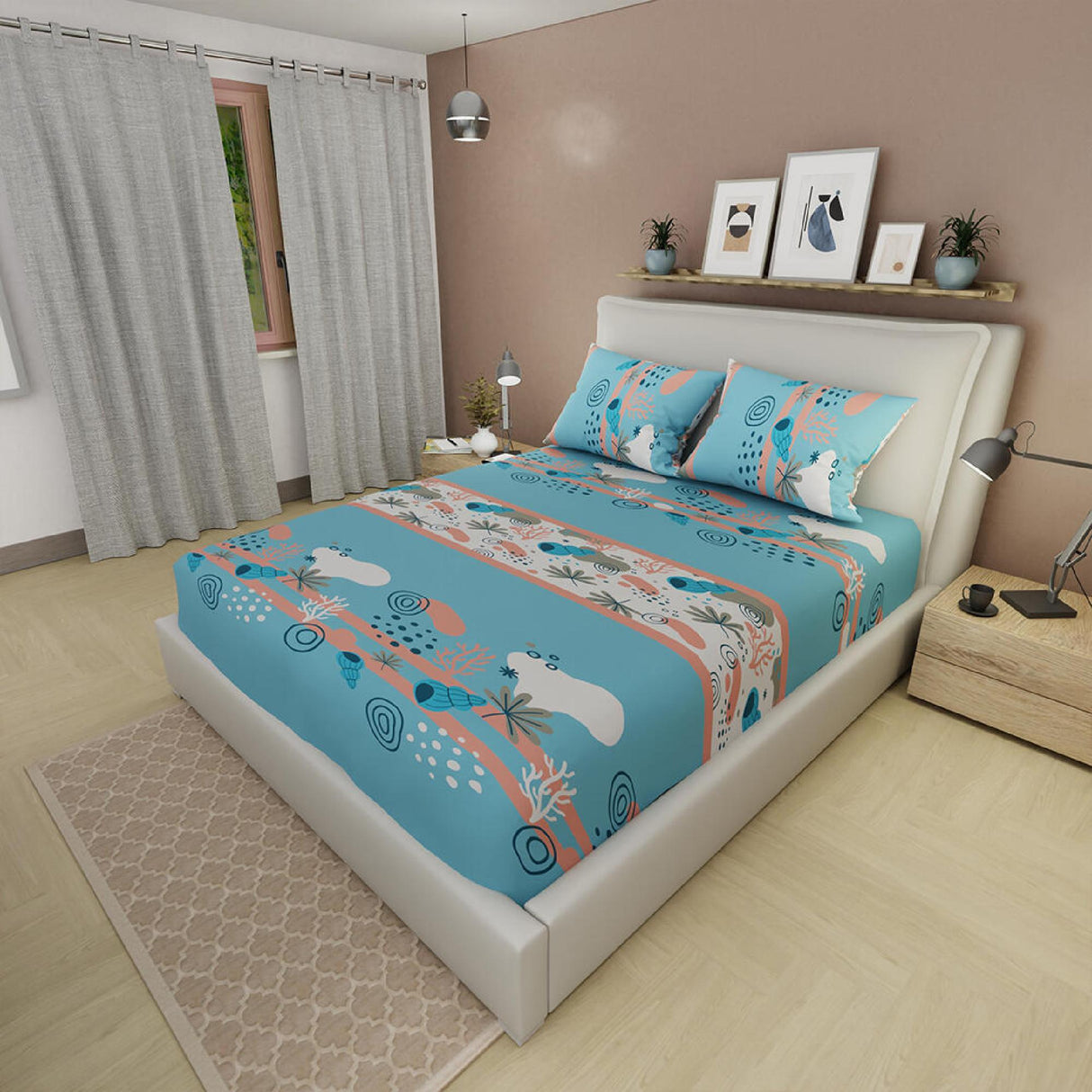 Sábana Ajustable Serebel Azul de Caracol Y Plantas Marinas Para Cama Doble 140 X 190 Cm - Sabanas | Bylmo