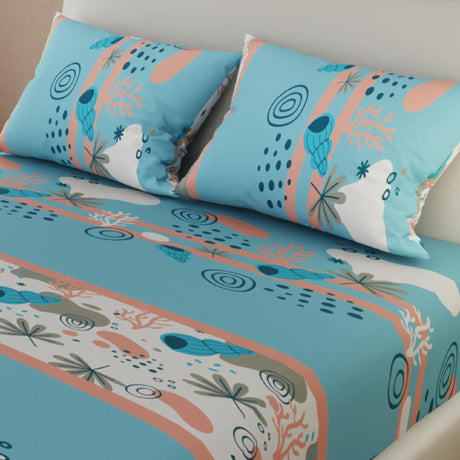 Sábana Ajustable Serebel Azul de Caracol Y Plantas Marinas Para Cama Doble 140 X 190 Cm - Sabanas | Bylmo