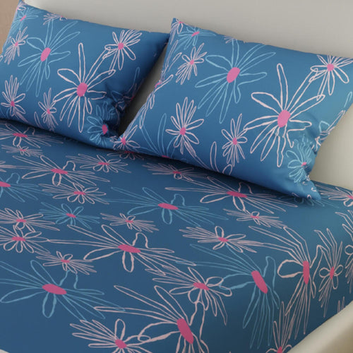 Sábana Ajustable Serebel Azul Y Blanco De Flores Para Cama Queen 160 X 190 Cm