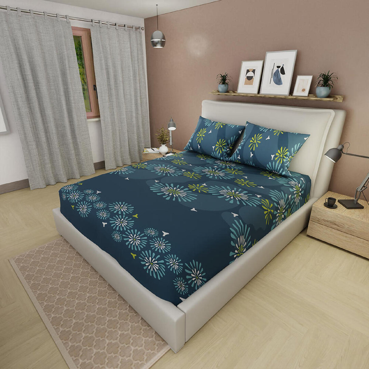 Sábana Ajustable Serebel Azul Oscuro de Flores Para Cama Doble 140 X 190 Cm - Sabanas | Bylmo