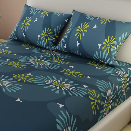 Sábana Ajustable Serebel Azul Oscuro de Flores Para Cama Doble 140 X 190 Cm - Sabanas | Bylmo